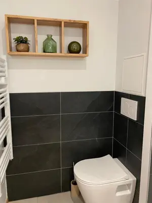 a bathroom with a white toilet and black tiles at CHALET CAREVA in Les Houches