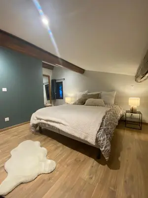a bedroom with a bed with a light on the ceiling at CHALET CAREVA in Les Houches
