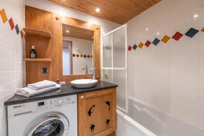a bathroom with a washing machine and a sink at Appt Bec D1 - Happy Rentals in Chamonix-Mont-Blanc