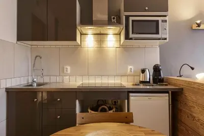 a kitchen with a counter with a sink and a microwave at Le Cham' 106 - Happy Rentals in Chamonix-Mont-Blanc