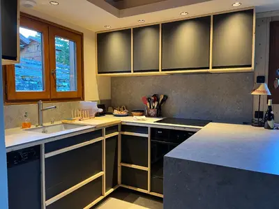 a kitchen with stainless steel cabinets and a sink at Chalet L'AS DE CARROZ in Arâches-la-Frasse