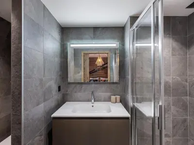 a bathroom with a sink and a shower at Appartement moderne avec accès sauna et hammam - FR-1-569-186 in Megève