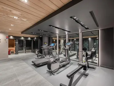 a gym with several treadmills and elliptical machines at Appartement moderne avec accès sauna et hammam - FR-1-569-186 in Megève