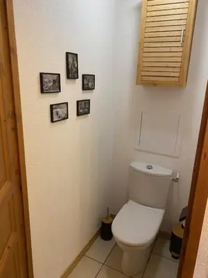 a bathroom with a toilet with pictures on the wall at Côté DÔMES in Saint-Gervais-les-Bains