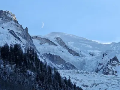 a snow covered mountain range with trees in the foreground at Appartement Cosy, Vue Mont Blanc, Plein Centre in Chamonix-Mont-Blanc