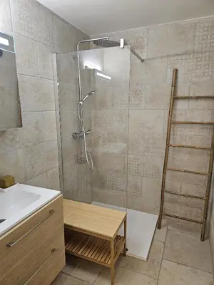 a bathroom with a shower with a sink and a ladder at Appartement Cosy, Vue Mont Blanc, Plein Centre in Chamonix-Mont-Blanc