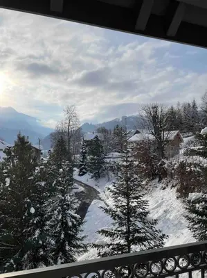 a view of a snow covered mountain with trees at Charmant appartement T3 avec magnifique vue in Saint-Gervais-les-Bains