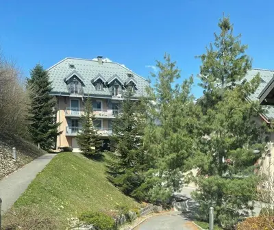 a large house on a hill with trees in front of it at Charmant appartement T3 avec magnifique vue in Saint-Gervais-les-Bains