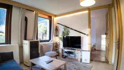 a living room with a couch and a tv at Chalet la Pagode, vue Mont-Blanc et jardin privé in Chamonix-Mont-Blanc
