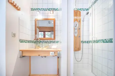 a bathroom with a sink and a mirror and a shower at Les Tussilages - Terrasse vue Mont-Blanc in Chamonix-Mont-Blanc