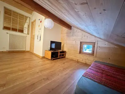 a living room with a bed and a television at Appartement T4 au calme avec jardin et wifi, proche du centre et ski-bus - FR-1-624-150 in Samoëns