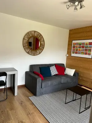 a living room with a gray couch and a mirror at Appartement cosy avec vue exceptionnelle in Saint-Gervais-les-Bains