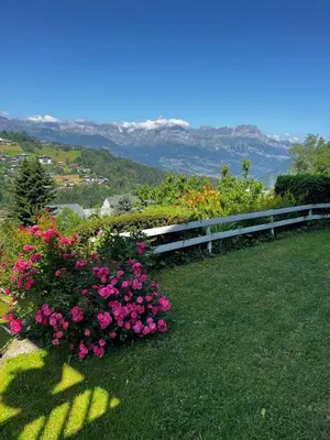 a garden with pink flowers and a white fence at Appartement cosy avec vue exceptionnelle in Saint-Gervais-les-Bains