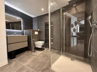 a bathroom with a toilet and a glass shower at Appartement de standing 3P au pied des pistes, terrase privée, parking, à 350m du centre-village - FR-1-572-294 in Arâches-la-Frasse