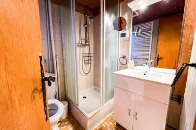 a bathroom with a sink and a shower and a toilet at Snowflake cottage with garden in Chamonix-Mont-Blanc