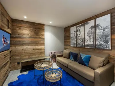 a living room with a couch and a blue rug at Chalet avec spa partagé, 5 chambres, piscine, parkings à Megève - FR-1-569-187 in Megève