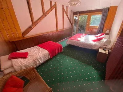 two beds in a room with green carpet at Joyeux Flocon - Spacieux chalet in Les Contamines-Montjoie