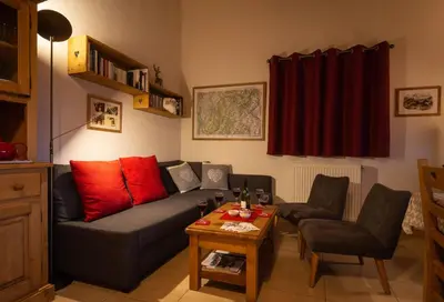 a living room with a gray couch and red pillows at Samoëns, new apartment, 3 bedrooms, 6 persons, close to village centre and skibus in Samoëns