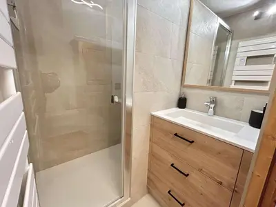 a bathroom with a shower and a sink at Charmant studio avec balcon exposé sud, casier à skis et parking, proche des pistes à Demi-Quartier - FR-1-597-175 in Demi-Quartier