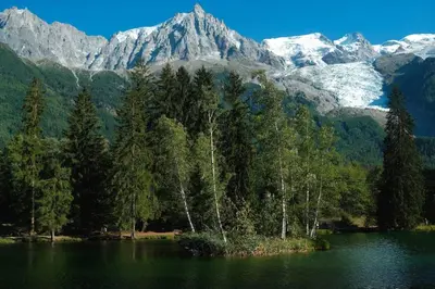 a lake with trees and mountains in the background at Luxury Studio - Mountain View & 100m to Slopes - Near Chamonix in Les Houches