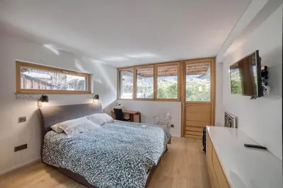 a bedroom with a bed and two windows at Chalet 124 in Chamonix-Mont-Blanc