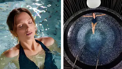 a woman in the water in a swimming pool at Ski ou Thermes? Un appt cabine avec vue magnifique in Saint-Gervais-les-Bains
