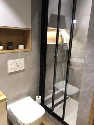 a bathroom with a shower and a toilet at Appart Centre Chamonix Grande Terrasse Mont Blanc in Chamonix-Mont-Blanc