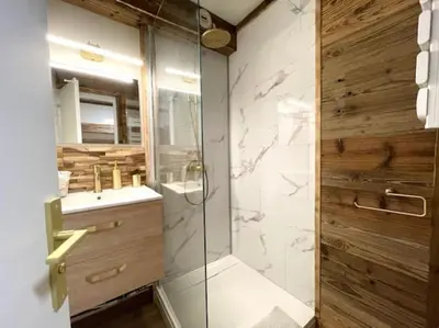 a bathroom with a glass shower and a sink at Terrasse vue Mont Blanc, centre Chamonix in Chamonix-Mont-Blanc