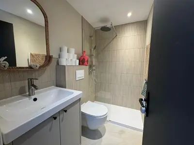 a bathroom with a sink and a toilet and a shower at Appartement F2 Bis centre de Megève in Megève