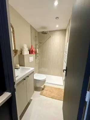 a bathroom with a toilet and a sink and a shower at Appartement F2 Bis centre de Megève in Megève