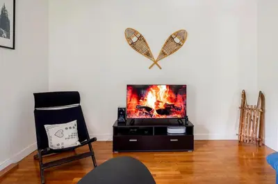 a living room with a tv with a butterfly on the wall at Spacieux T3 Parking FREE WIFI Haut-Débit in Magland