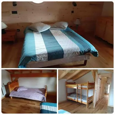 two pictures of a bed in a cabin at Chalet 3 chambres, 11 personnes près du domaine skiable, parking gratuit, Chez Pépé à Saint-Gervais in Saint-Gervais-les-Bains