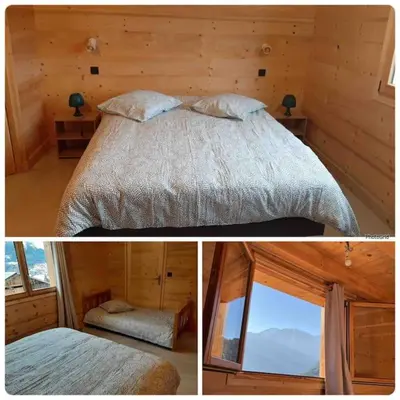 two pictures of a bedroom with a bed and a window at Chalet 3 chambres, 11 personnes près du domaine skiable, parking gratuit, Chez Pépé à Saint-Gervais in Saint-Gervais-les-Bains