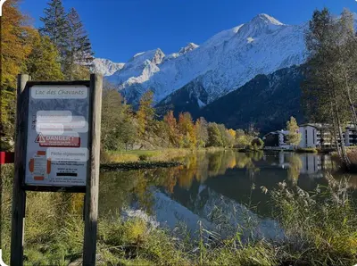 a sign in front of a lake with a mountain at Andro in Chamonix-Mont-Blanc