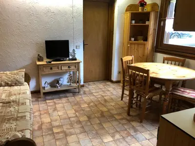 a living room with a table and a television at Princesse jonquille in Demi-Quartier
