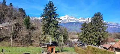 a village with a mountain in the background at Appartement 1 chambre idéalement situé in Domancy