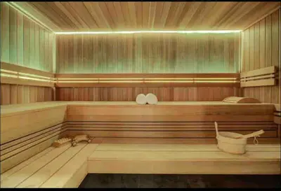 a sauna with two dogs laying on a wooden floor at La Belle Cordee SPA lujo y piscina CHAMONIX in Chamonix-Mont-Blanc