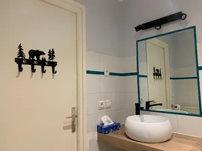a bathroom with a sink and a mirror at appartement T2 pour 6 personnes à Combloux in Combloux