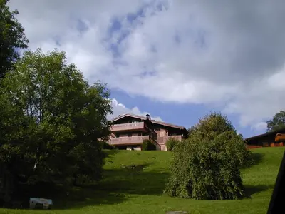 a house on a hill with trees in front of it at Charmant 3 pièces avec jardin, parking et proximité ski bus à 900m du village de Combloux - FR-1-560-121 in Combloux