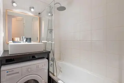 a bathroom with a washing machine and a sink at Le Balcon du Brevent - Central - Vue montagne in Chamonix-Mont-Blanc