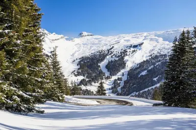 a snow covered mountain with trees and a road at Les Chalets de Flaine Hameau - maeva Home - Chalet 7 Pièces 12 Personnes - Prestige MAE-3379 in Flaine