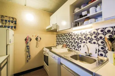 a small kitchen with a sink and a refrigerator at Résidence Aldébaran - maeva Home - Appartement 2 Pièces 6 Personnes - Budget MAE-3792 in Arâches-la-Frasse