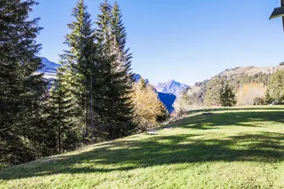 a green field with trees and mountains in the background at Résidence Pollux - maeva Home - Appartement 2 pièces 6 personnes - Budget MAE-4210 in Arâches-la-Frasse