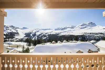 a view from the balcony of a house with snow covered mountains at Résidence Le Château de Crans - maeva Home - Studio 4 Personnes - Confort MAE-9176 in Flaine