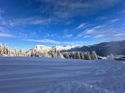 a snow covered field with snow covered trees and mountains at Studio de 31m² idéalement situé aux pieds des remontées mécaniques été/hiver in Saint-Gervais-les-Bains
