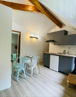 a kitchen and dining room with a table and chairs at Al_titude1138 in Les Contamines-Montjoie