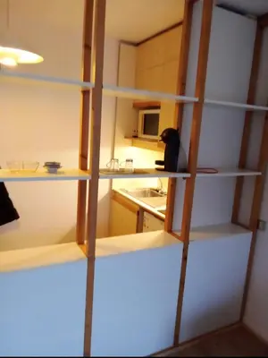 a black cat sitting on a shelf in a kitchen at Aiguille du midi in Chamonix-Mont-Blanc