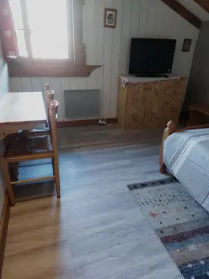 a living room with a bed and a television at Chambre privee in Sallanches