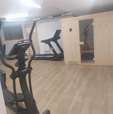a gym with two tread machines in a room at Appartement T2 de Standing Neuf 6-8 personnes avec Balcon et Jardinet au Pied des Pistes à Combloux in Combloux
