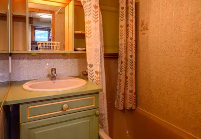 a bathroom with a sink and a shower curtain at L'Appartement des Pistes in Saint-Gervais-les-Bains